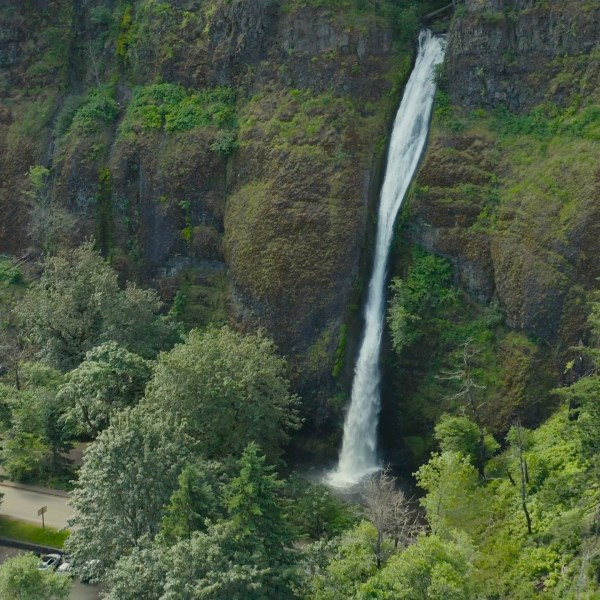 a large waterfall in a forest