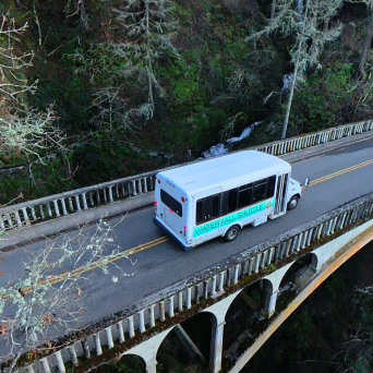 Shuttle bus crossing a narrow bridge surrounded by forest.