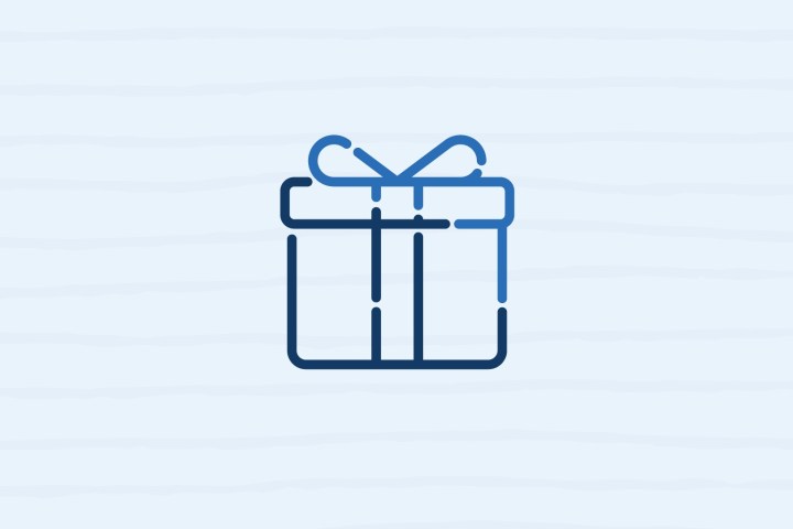 Simple blue outline of a gift box with a bow on a light striped background.
