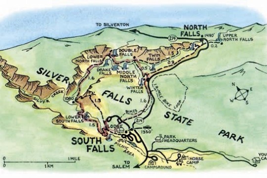 Illustrated map of Silver Falls State Park with trails and landmarks.