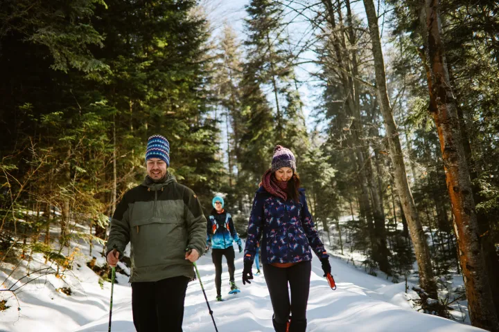Three people snowshoeing through a snowy mt hood forest path.
